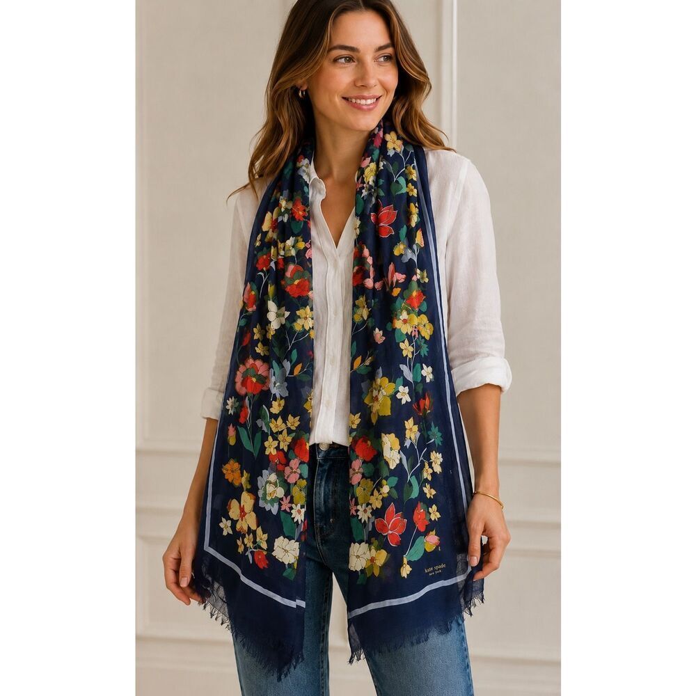 Kate Spade New York Floral Oblong Silk Cotton Scarf | Navy Botanical Garden Wrap